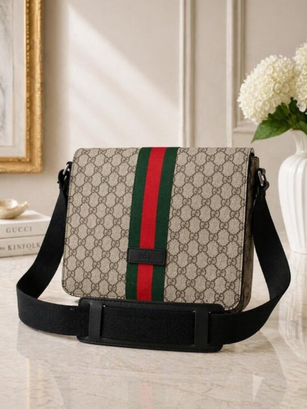 Authentic Gucci GG Supreme Web Messenger Bag Beige Ebony Canvas Crossbody
